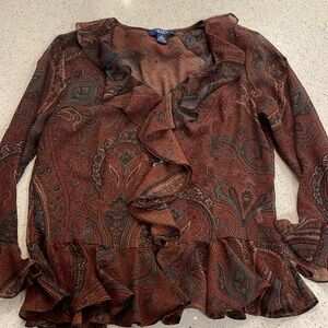 Chaps Shell Blouse Sheer See Through Brown Paisley